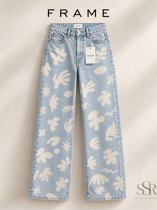 Frame Denim Denim - FRAME High Waist Baggy Jeans Tropical Chambray Abstract Size 25 Wide Leg Cotton